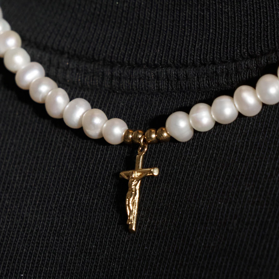Crucifix Real Pearl Necklace (Gold) - Image 4