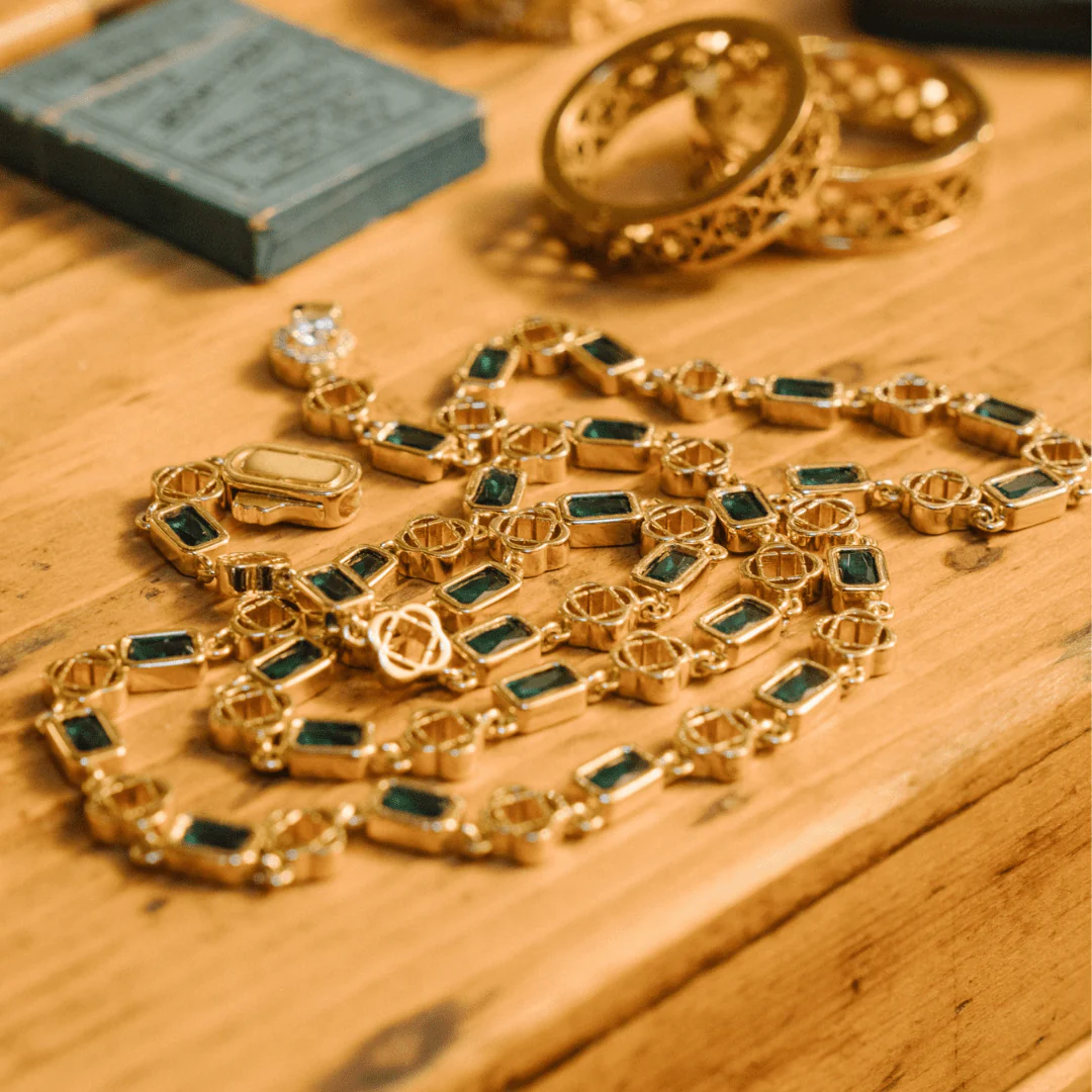 Green Gemstone Clover Necklace (Gold) - Image 7