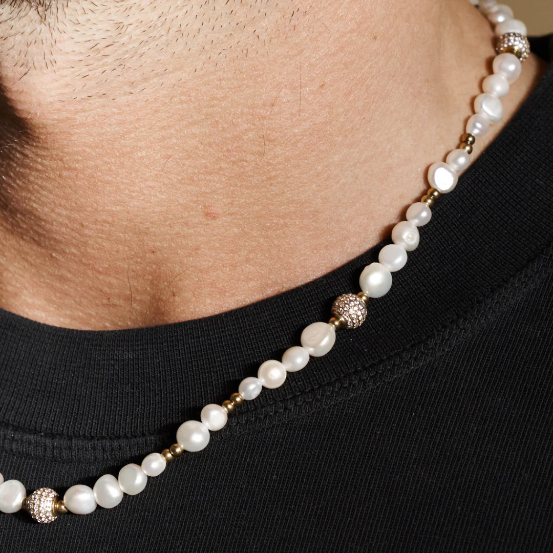 Iced Beaded Real Pearl Necklace (Gold) - Image 4
