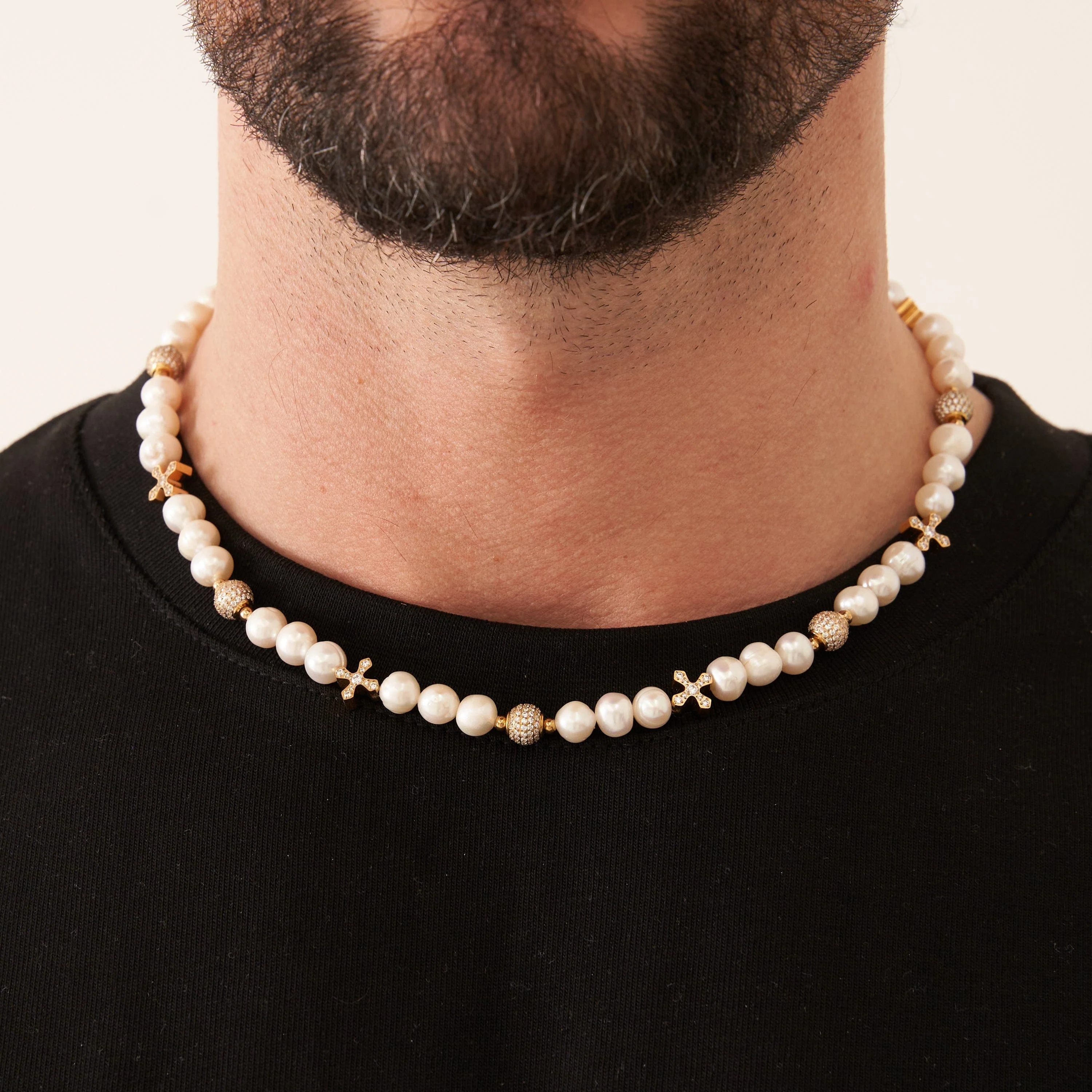 Iced Cross Real Pearl Necklace (Gold) - Image 3