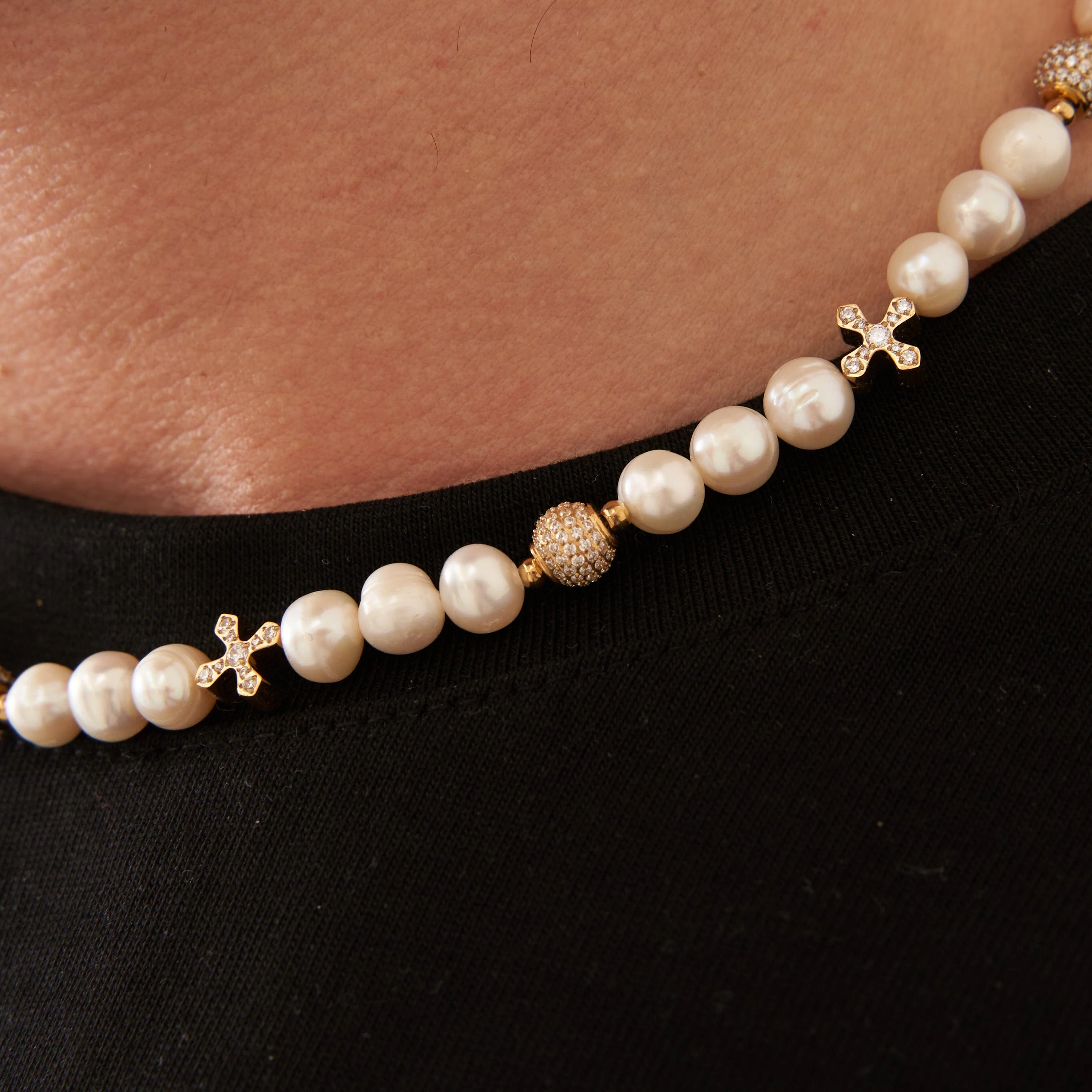 Iced Cross Real Pearl Necklace (Gold) - Image 4