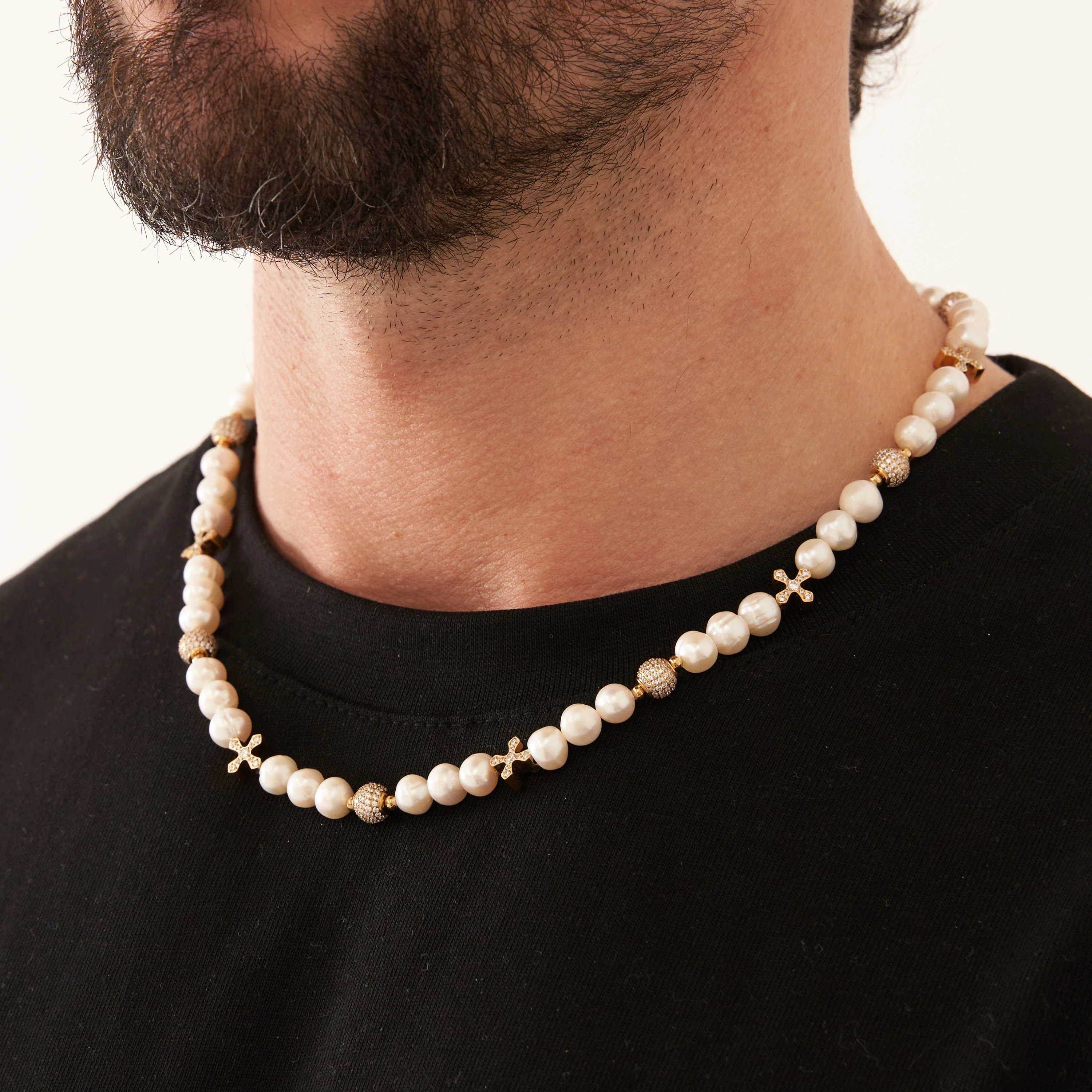 Iced Cross Real Pearl Necklace (Gold) - Image 5