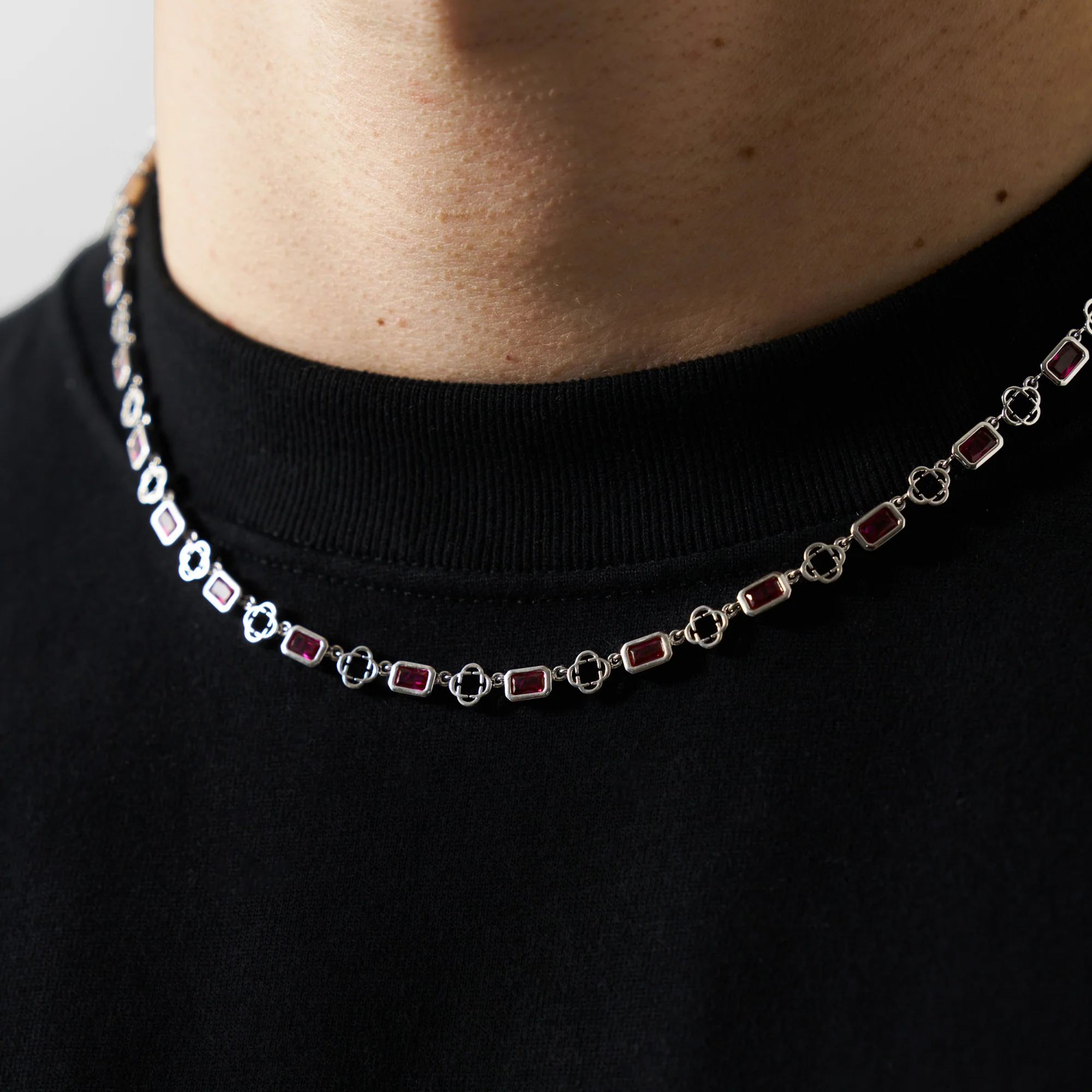 Red Gemstone Clover Necklace (Silver) - Image 4